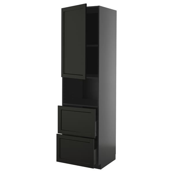 METOD hoher schwarzer Schrank mit Schubladen, traditionelles Design, Holzoberfläche.