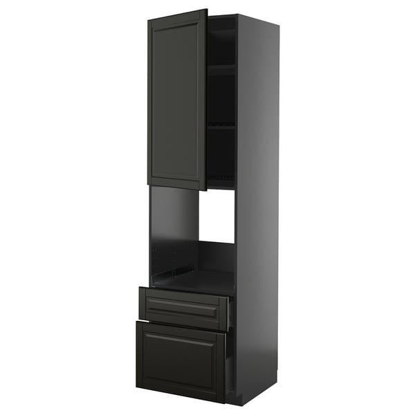 Schwarzer Küchenschrank, hoch mit offenem Regal, zwei Schubladen und Glastür.