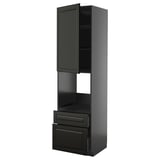 Schwarzer Küchenschrank, hoch mit offenem Regal, zwei Schubladen und Glastür.