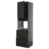 Schwarzer Küchenschrank mit Glastür, zwei Schubladen und verstellbarem Regal. Modernes Design, robuste Konstruktion.