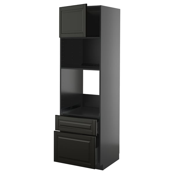 Schwarze METOD-Küchenzeile mit Regal und Schubladen, modernes Design.