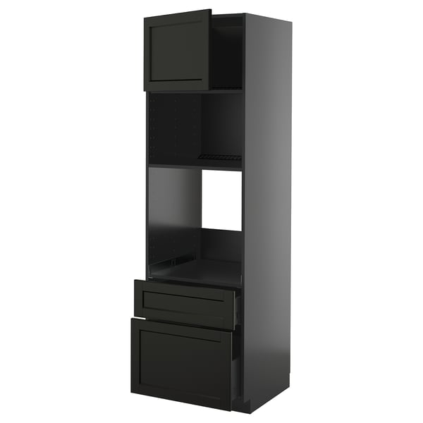 Schwarze Küchenzeile mit Schublade und Regal, modernes traditionelles Design.