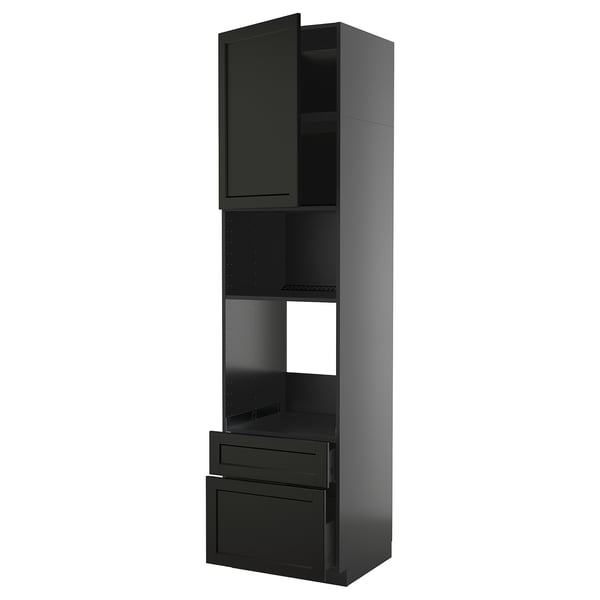 Ein schwarzer METOD-Küchenschrank mit Schrank, Regal und Schublade. Es ist modern und funktional.