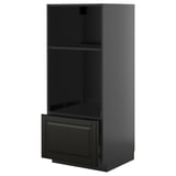 Schwarzer, glänzender Küchenschrank mit ausziehbarer Schublade.