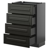 Moderne schwarze Küchenschubladen mit abgeschrägten Kanten, schlankem Design, glänzender Oberfläche.