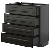 Dieses Bild zeigt den METOD-Küchenschrank mit vier schwarzen Bodbyn-Schubladen mit abgeschrägten Kanten für ein schlankes, modernes Design.