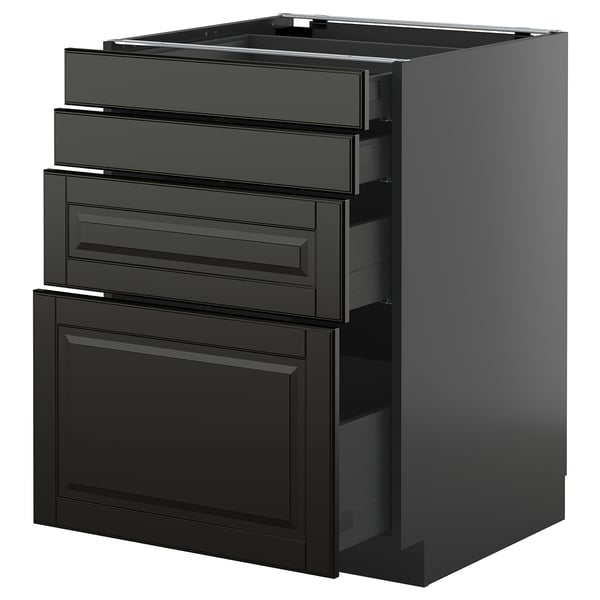 Schwarze METOD-Küchenzeile mit abgeschrägten Schubladen, schlankes, modernes Design.