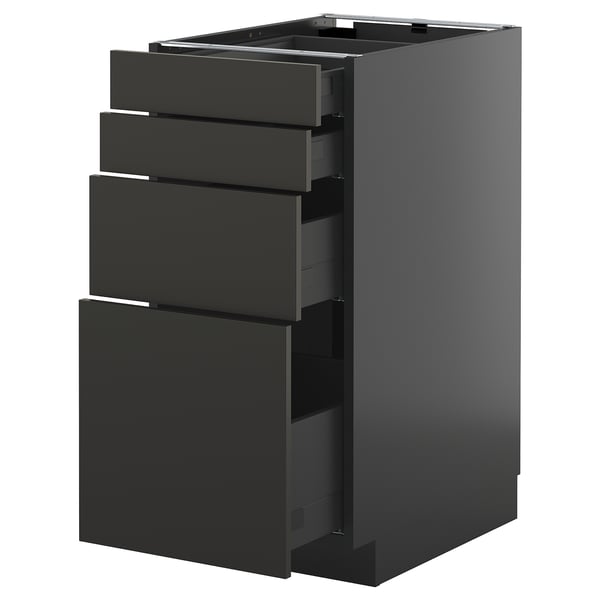 Ein schwarzer METOD-Küchenschrank mit mehreren Schubladen in einem schlanken, modernen Design.