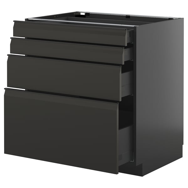 Schwarzer Küchenschubladenschrank, modernes Design, vier Schubladen, schlanke Kanten, rostfreie Beschläge, minimalistischer Stil.