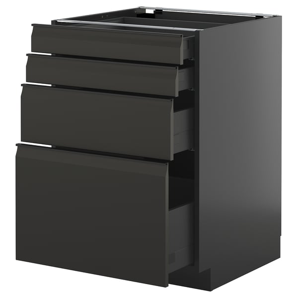 Schwarzer moderner Küchenschrank mit mehreren Schubladen, schlankes Design.