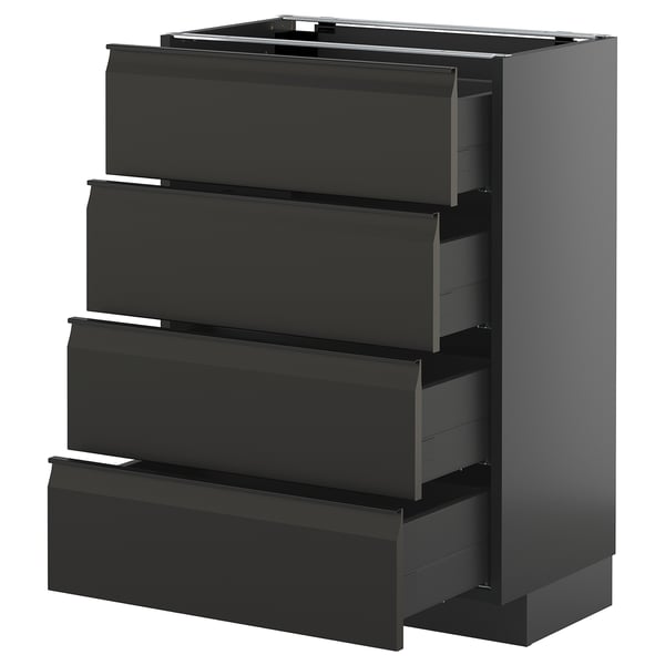 Schwarze moderne Küchenzeile mit vier Schubladen. Schlankes, minimalistisches Design in mattem Schwarz mit integrierten Griffen.