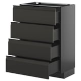 Schwarze moderne Küchenzeile mit vier Schubladen. Schlankes, minimalistisches Design in mattem Schwarz mit integrierten Griffen.