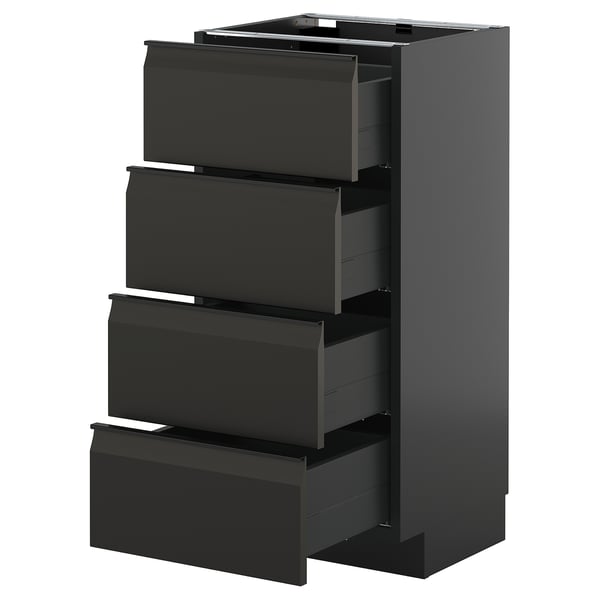 Ein dunkelgrauer METOD-Küchenschrank mit vier offenen Schubladen in einem schlanken, modernen Design mit integrierten Griffen.