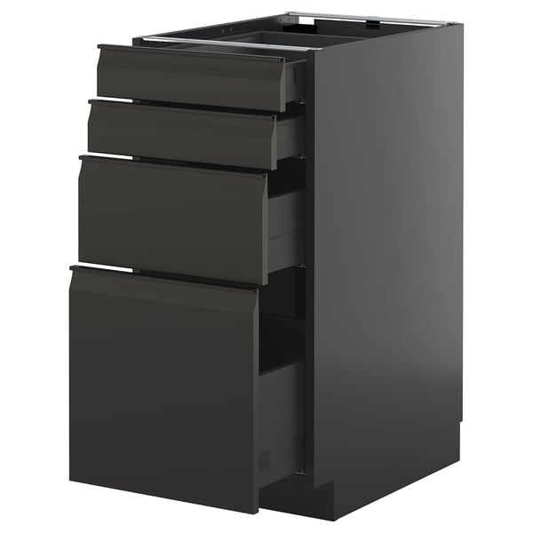 Moderner schwarzer Küchenschrank mit vier glatten, integrierten Griffschubladen in einem schlanken, zeitgemäßen Design.