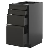 Moderner schwarzer Küchenschrank mit vier glatten, integrierten Griffschubladen in einem schlanken, zeitgemäßen Design.
