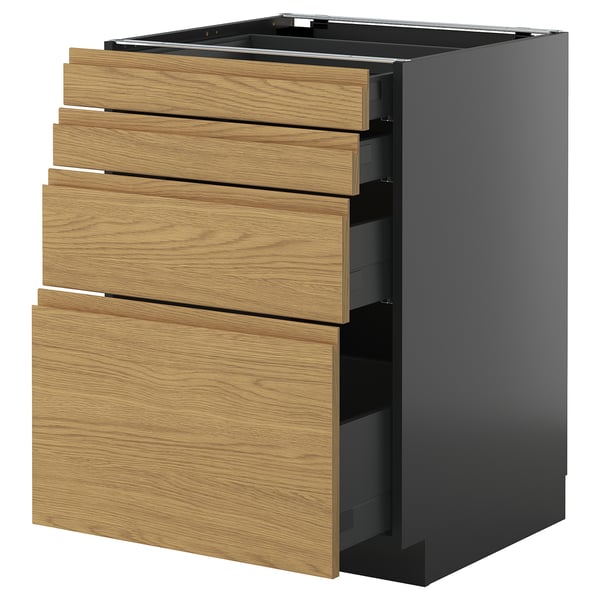 Moderne schwarze Küchenschubladen mit Eichenseite, schlank und minimalistisch.