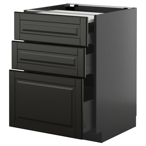 Schwarze moderne Küchenzeile, schlankes Design mit mehreren Schubladen und einem Schrank, Teil des METOD-Systems.