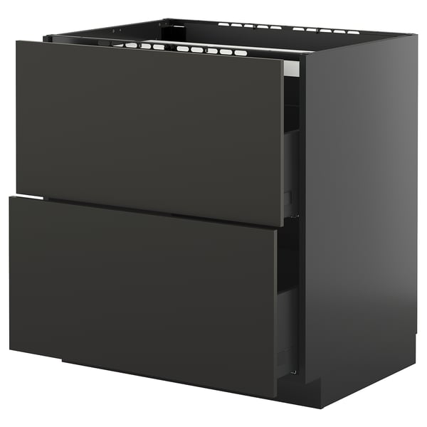 Schwarzer moderner Küchenschrank mit zwei Schubladen und schlankem Design.