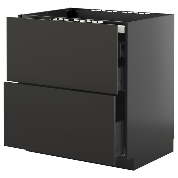 Eine schwarze METOD Küchenzeile mit zwei Schubladen und einem ausziehbaren Regal. Modern und elegant, konzipiert für die Aufbewahrung in der Küche.