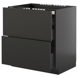 Eine schwarze METOD Küchenzeile mit zwei Schubladen und einem ausziehbaren Regal. Modern und elegant, konzipiert für die Aufbewahrung in der Küche.