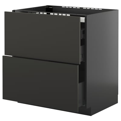 Eine schwarze METOD Küchenzeile mit zwei Schubladen und einem ausziehbaren Regal. Modern und elegant, konzipiert für die Aufbewahrung in der Küche.