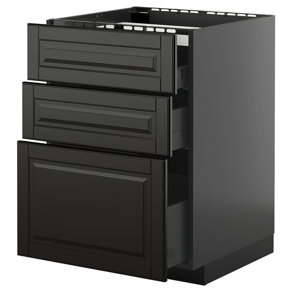 Schwarzer Küchenschrank, METOD-System, drei Schubladen und Schiebeböden, schlankes, modernes Design.