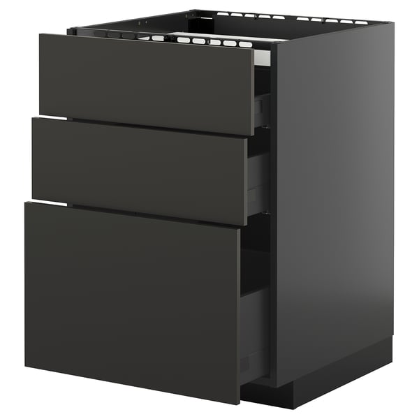 Schwarze IKEA METOD Küchenzeile mit 3 Schubladen, modernes Design.