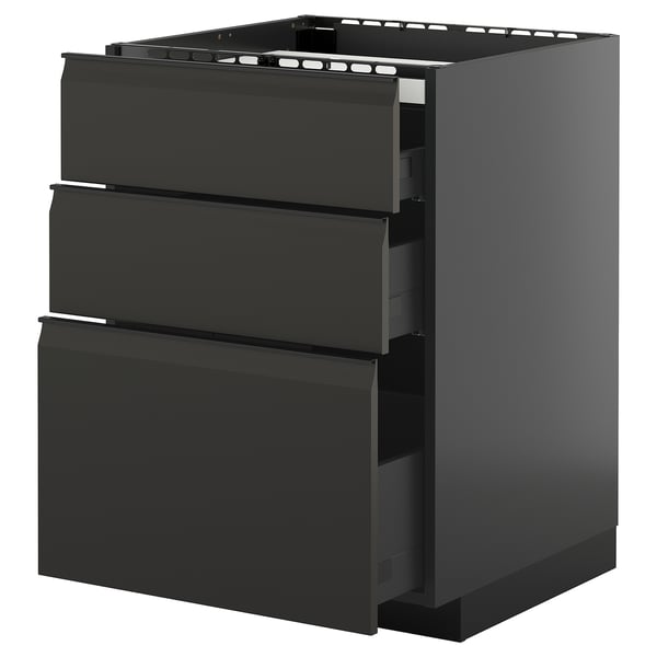 Ein schwarzer METOD-Küchenschrank mit mehreren Schubladen. Sein modernes, schlankes Design verfügt über integrierte Griffe und eine glatte Oberfläche.