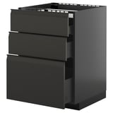 Ein schwarzer METOD-Küchenschrank mit mehreren Schubladen. Sein modernes, schlankes Design verfügt über integrierte Griffe und eine glatte Oberfläche.