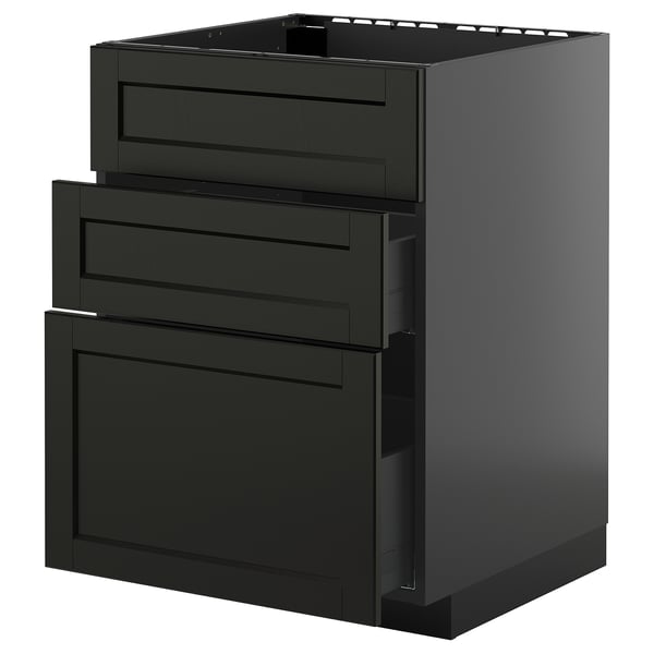 Schwarzer Küchenschrank mit mehreren Schubladen und einem schlanken, modernen Design.
