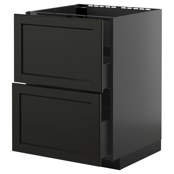 Schwarze Küchenzeile, METOD, mit zwei glatten, dunklen Holzschubladen und Schrank, modernes Design.