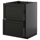 Schwarze Küchenzeile, METOD, mit zwei glatten, dunklen Holzschubladen und Schrank, modernes Design.