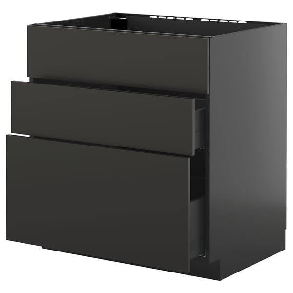 Moderne schwarze Küchenzeile mit eleganter, glänzender Oberfläche und drei Schubladen, Teil des METOD-Systems.