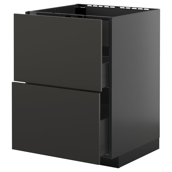 Ein schwarzer IKEA METOD Küchenschrank mit zwei Schubladen in einem schlanken, modernen Design mit glänzender Oberfläche.