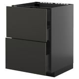 Ein schwarzer IKEA METOD Küchenschrank mit zwei Schubladen in einem schlanken, modernen Design mit glänzender Oberfläche.