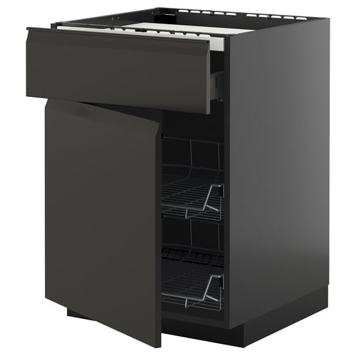 Moderne schwarze Küchenzeile mit glatten Schubladen und Regalen.