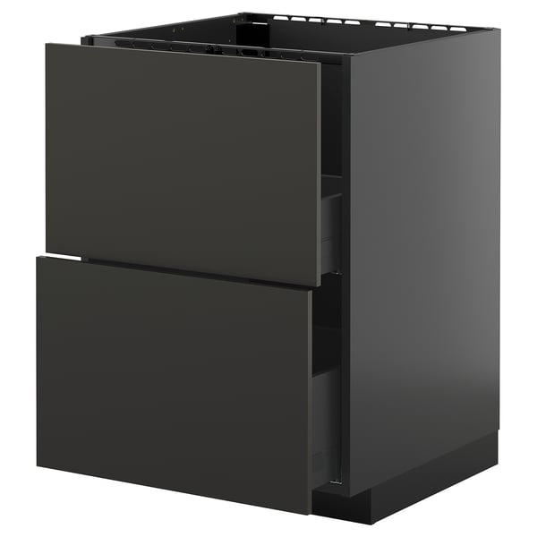 Schwarzer moderner Küchenschrank mit zwei Schubladen, schlankem Design, robuster Spanplatte und Metallschienen.