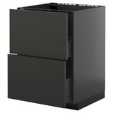 Schwarzer moderner Küchenschrank mit zwei Schubladen, schlankem Design, robuster Spanplatte und Metallschienen.