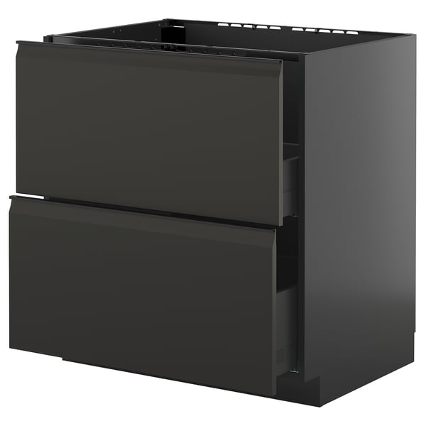 Moderner schwarzer IKEA METOD Küchenschrank mit Schublade und minimalistischem Griff.