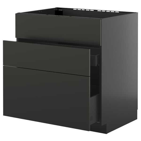 Schwarzer moderner Küchenschrank mit drei Schubladen, schlankes Design. Teil des METOD-Systems.