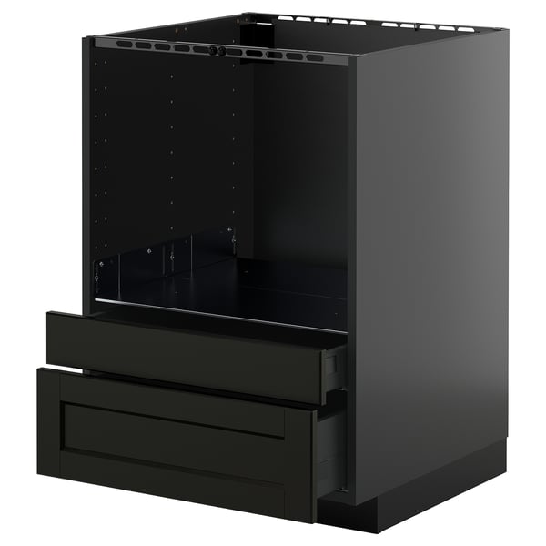 Schwarzer METOD-Küchenschrank mit Schubladen aus dunkler Esche und abgeschrägten Kanten, minimalistisches Design.