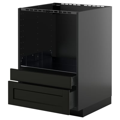 Schwarzer METOD-Küchenschrank mit Schubladen aus dunkler Esche und abgeschrägten Kanten, minimalistisches Design.