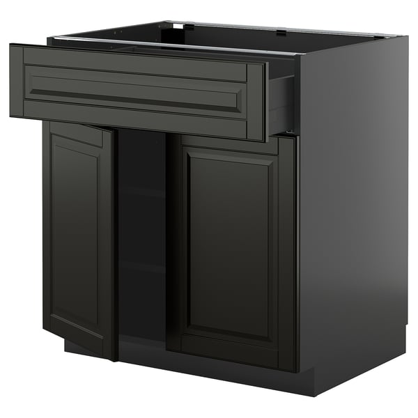 Schwarze METOD-Küchenzeile mit Schublade und zwei Türen, dunkles, modernes Design.