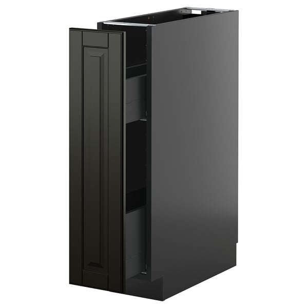 Schwarzer METOD-Küchenschrank mit glatter Oberfläche, mit ausziehbarer Schublade für einfachen Zugriff. Rechteckige Form, modernes Design mit abgeschrägten Kanten.
