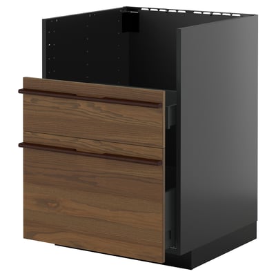 Modularer Küchenschrank: METOD, dunkelgrau & braun, Holzgriffe, oben offen, 2 Schubladen.