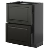 Moderne schwarze Küchenzeile mit glatten Schubladen und Schrank.