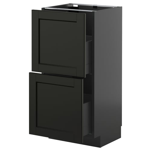 Schwarzer Küchenschrank mit zwei Schubladen, schlankes Design, modernes Aussehen.