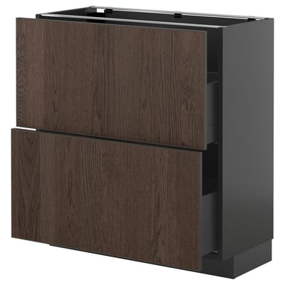Dunkelbrauner Küchenschrank mit Schublade, schlankes Design, Kanten aus Massivholz, 3 Fächer.