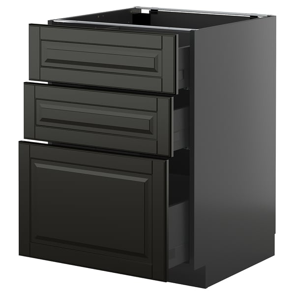Dunkelgrauer moderner Küchenschrank mit drei Schubladen und einer großen Tür. Schlankes, minimalistisches Design mit abgeschrägten Kanten.