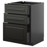 Dunkelgrauer moderner Küchenschrank mit drei Schubladen und einer großen Tür. Schlankes, minimalistisches Design mit abgeschrägten Kanten.